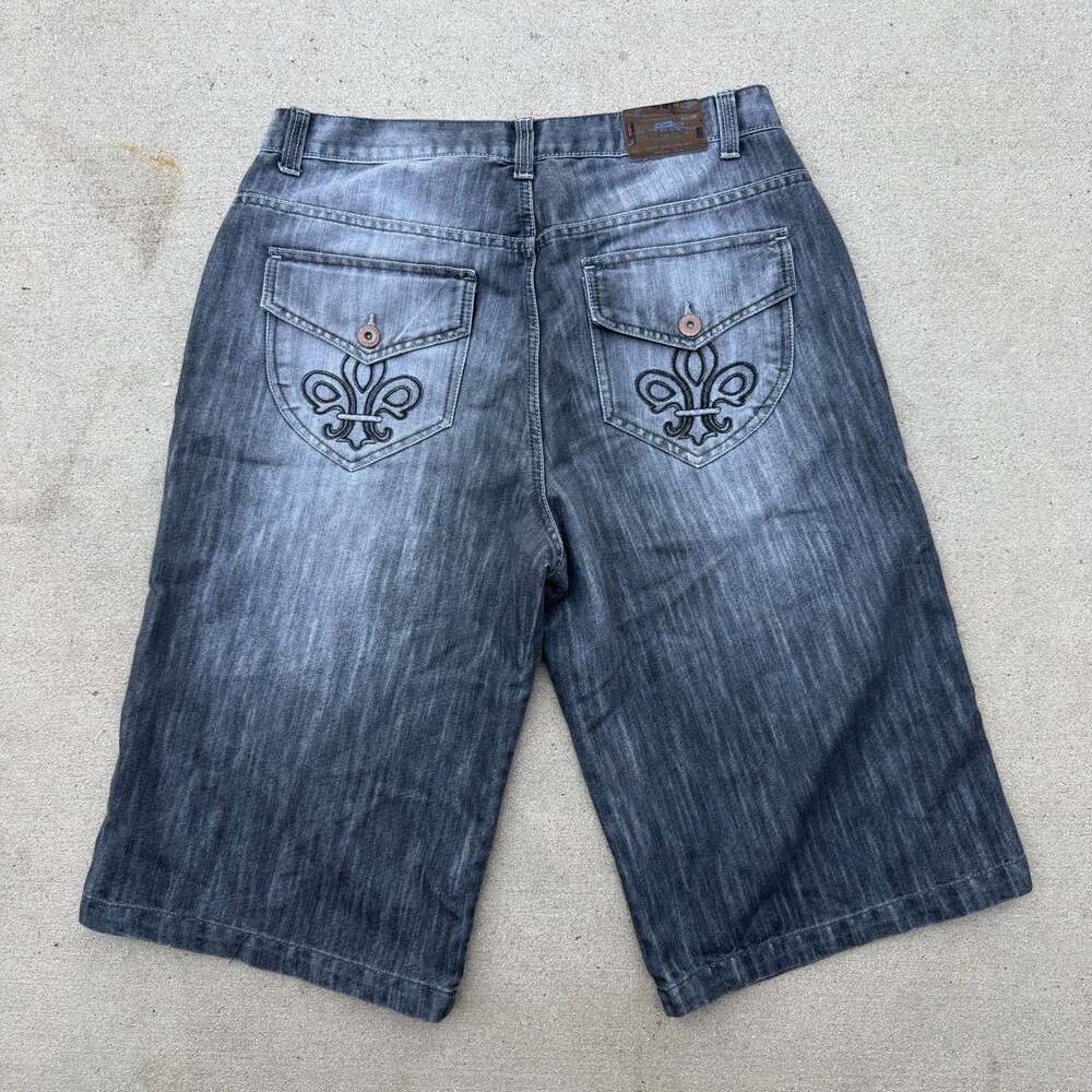 Koman Vintage Y2K Embroidered Fleur-de-Lis Denim Jorts